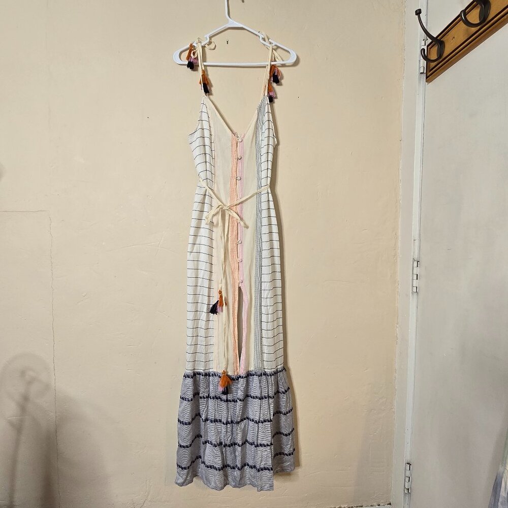 Tularosa Tassel Button-front cream Dress‎ - Vacation Summer Embroidered Maxi